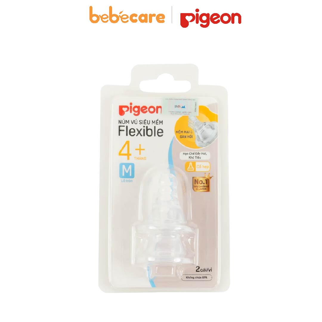 Núm ti Flexible-Vỉ 2 Núm Vú Cổ Hẹp Size M Silicone Pigeon (Từ 4 Tháng)